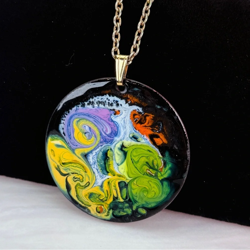 Vintage Abstract Art Pendant Necklace Long Silvertone Chain Statement